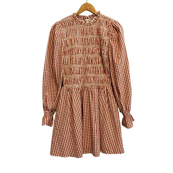 English Factory Burnt Red Long Sleeve Gingham Smocked Mini Dress Size Small - Picture 2 of 8